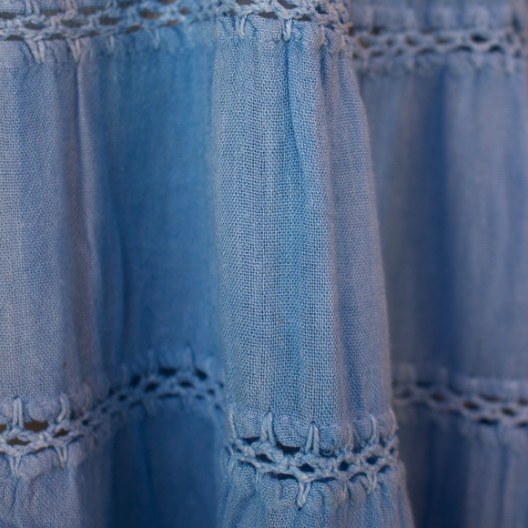 Vintage 70's Boho Handmade 100% Cotton Knit/Crochet Blue Midi Tiered Dress - Picture 6 of 17